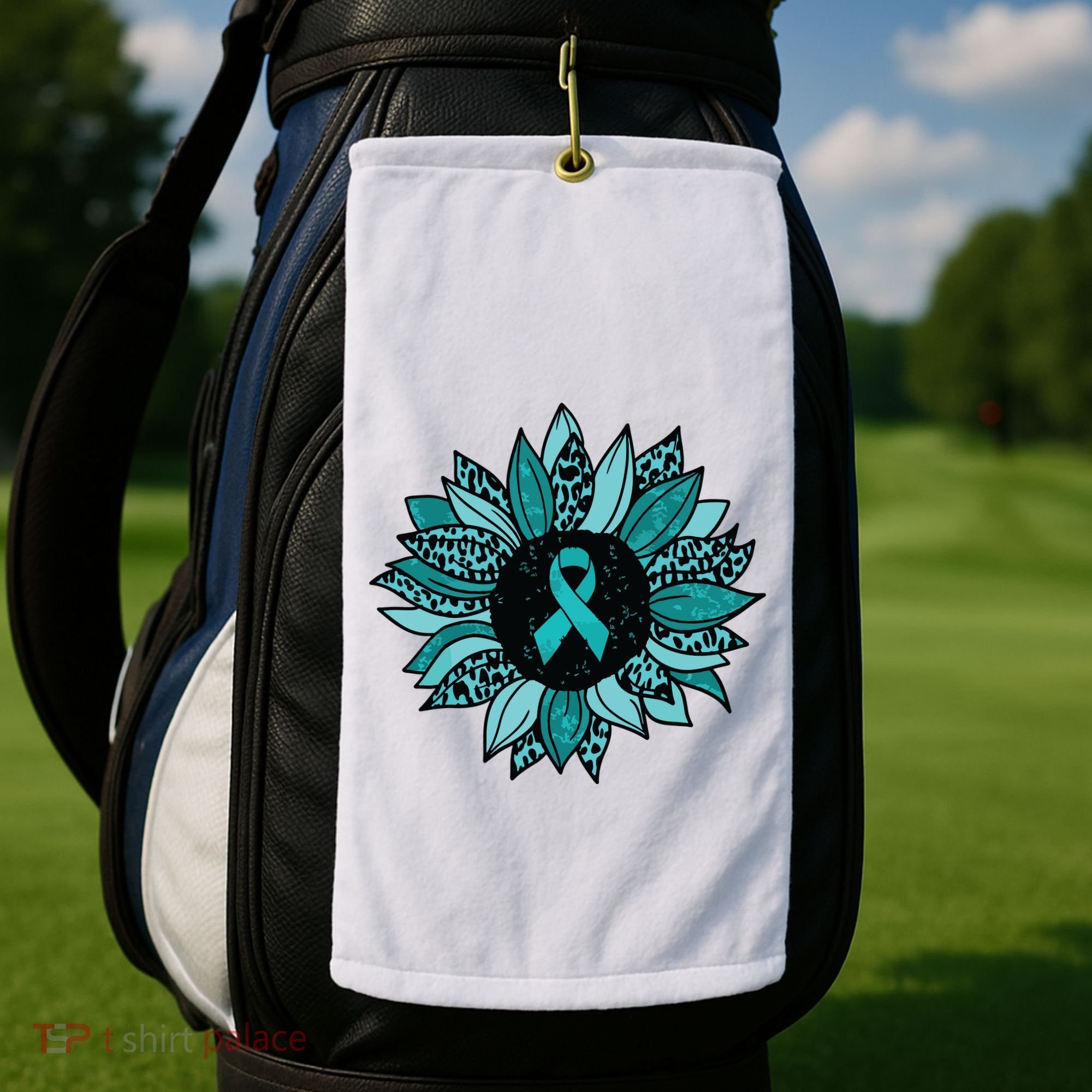 Ovarian Cancer Awareness Sunflower Teal Ribbon Leopard Golf Towel