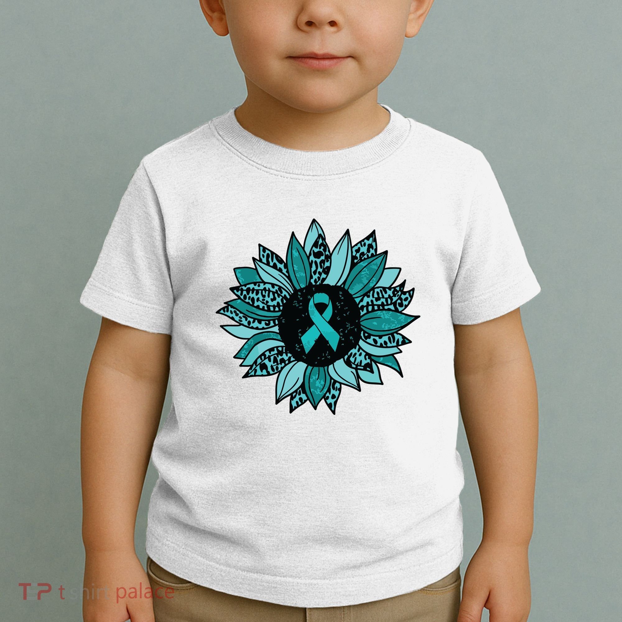 Ovarian Cancer Awareness Sunflower Teal Ribbon Leopard Toddler T-Shirt