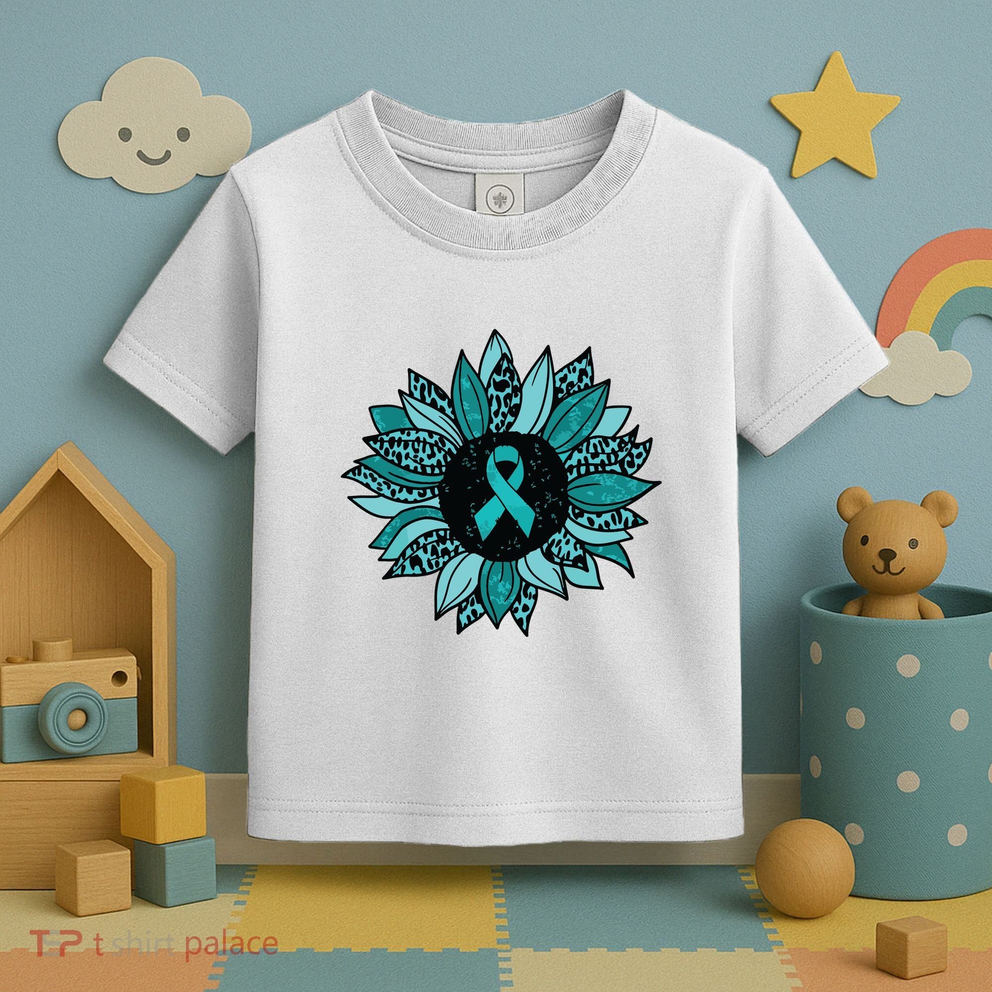 Ovarian Cancer Awareness Sunflower Teal Ribbon Leopard Toddler T-Shirt