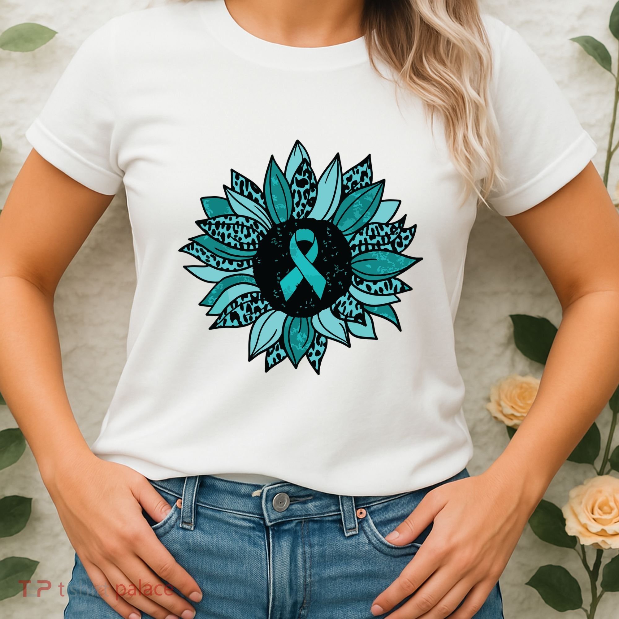 Ovarian Cancer Awareness Sunflower Teal Ribbon Leopard Women's T-Shirt