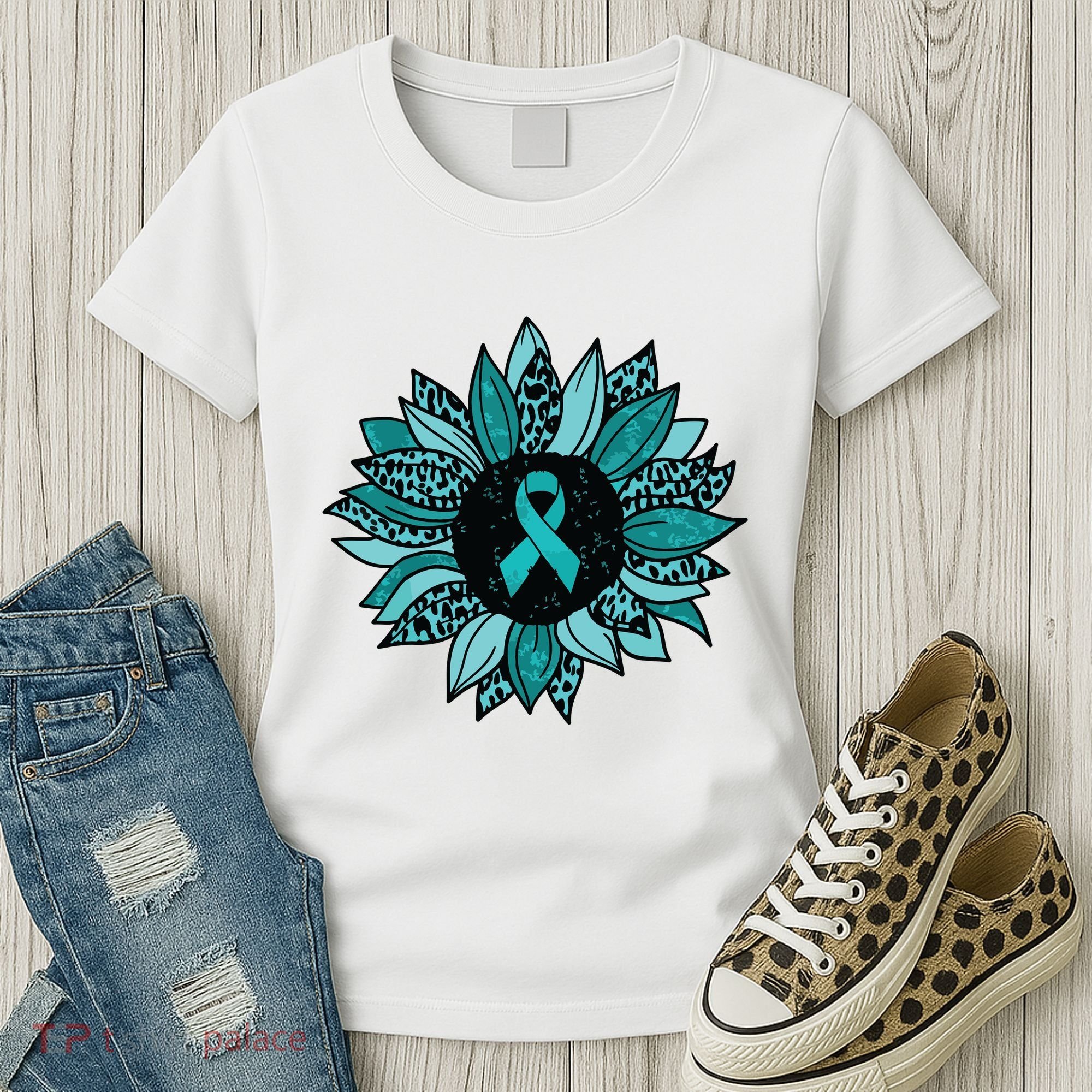 Ovarian Cancer Awareness Sunflower Teal Ribbon Leopard Women's T-Shirt