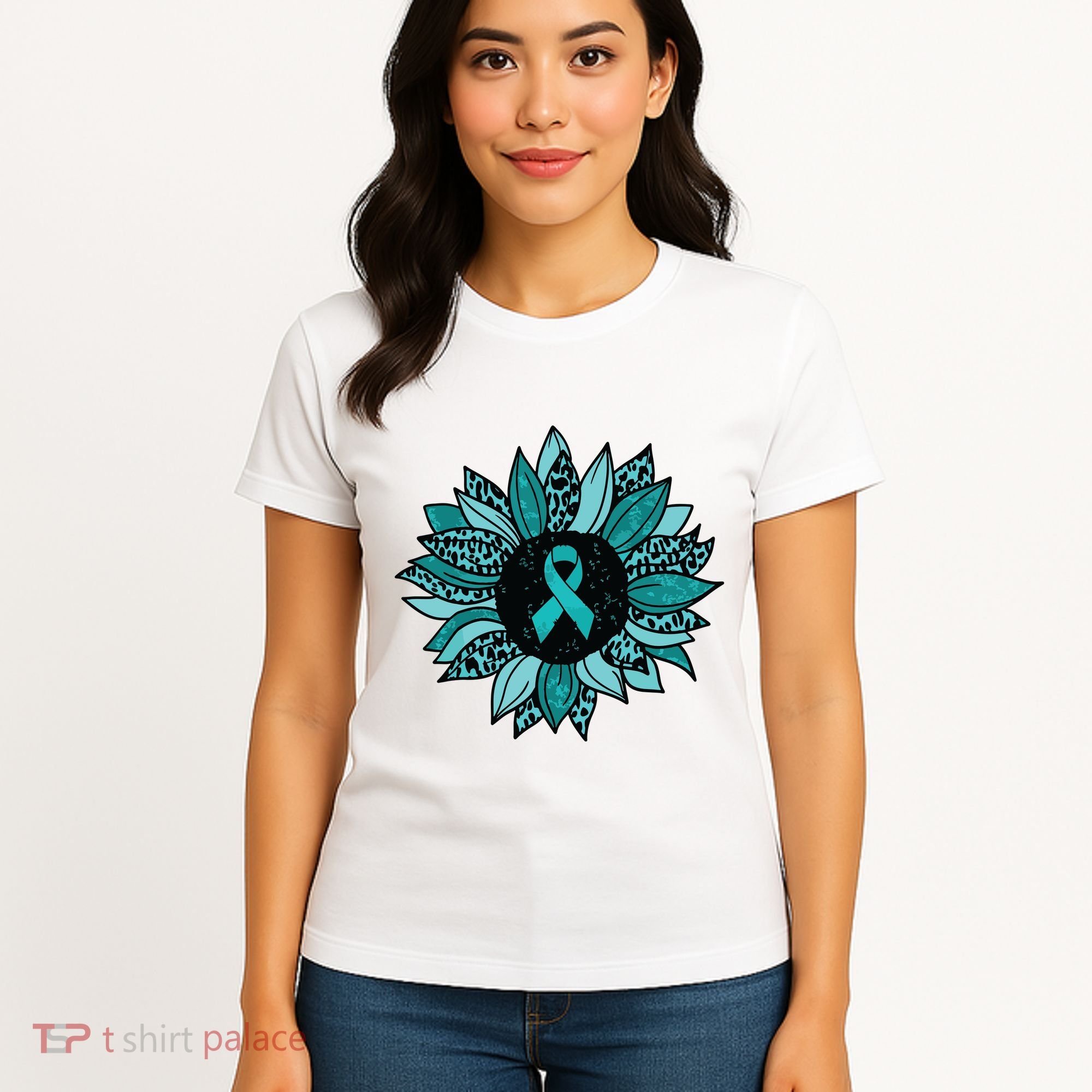 Ovarian Cancer Awareness Sunflower Teal Ribbon Leopard Women's T-Shirt