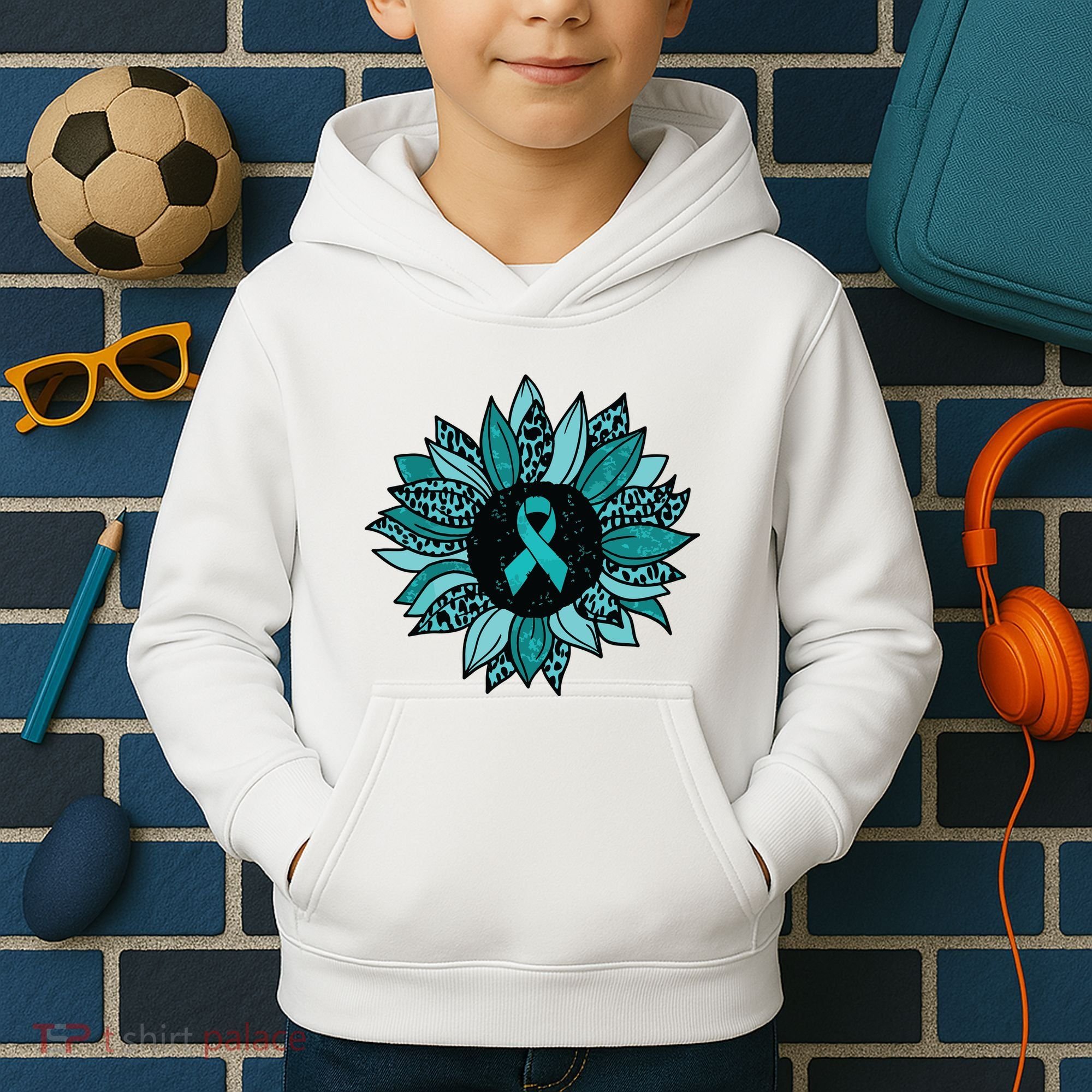 Ovarian Cancer Awareness Sunflower Teal Ribbon Leopard Kids Hoodie