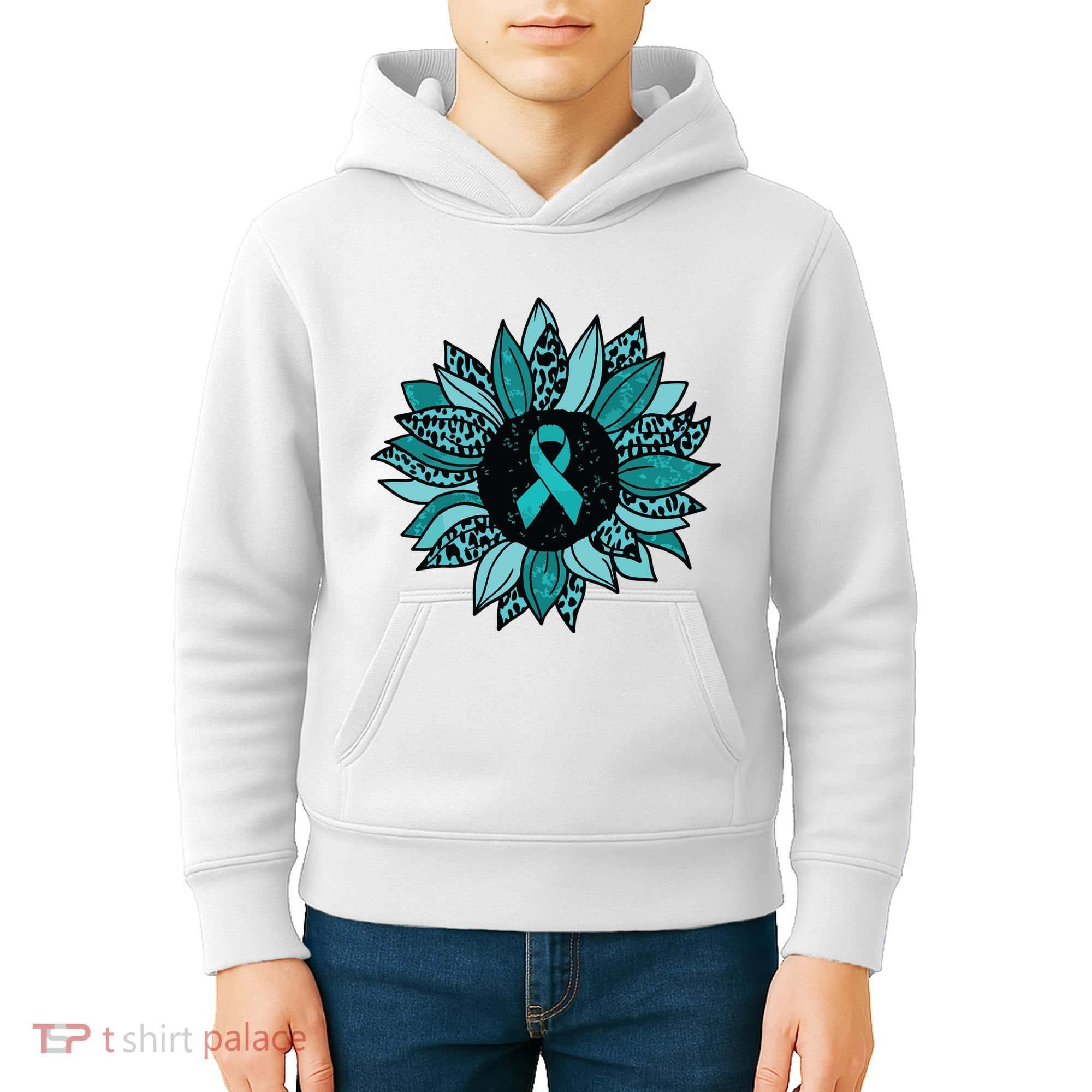 Ovarian Cancer Awareness Sunflower Teal Ribbon Leopard Kids Hoodie