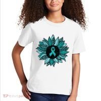 Ovarian Cancer Awareness Sunflower Teal Ribbon Leopard Kids T-Shirt thumb 2