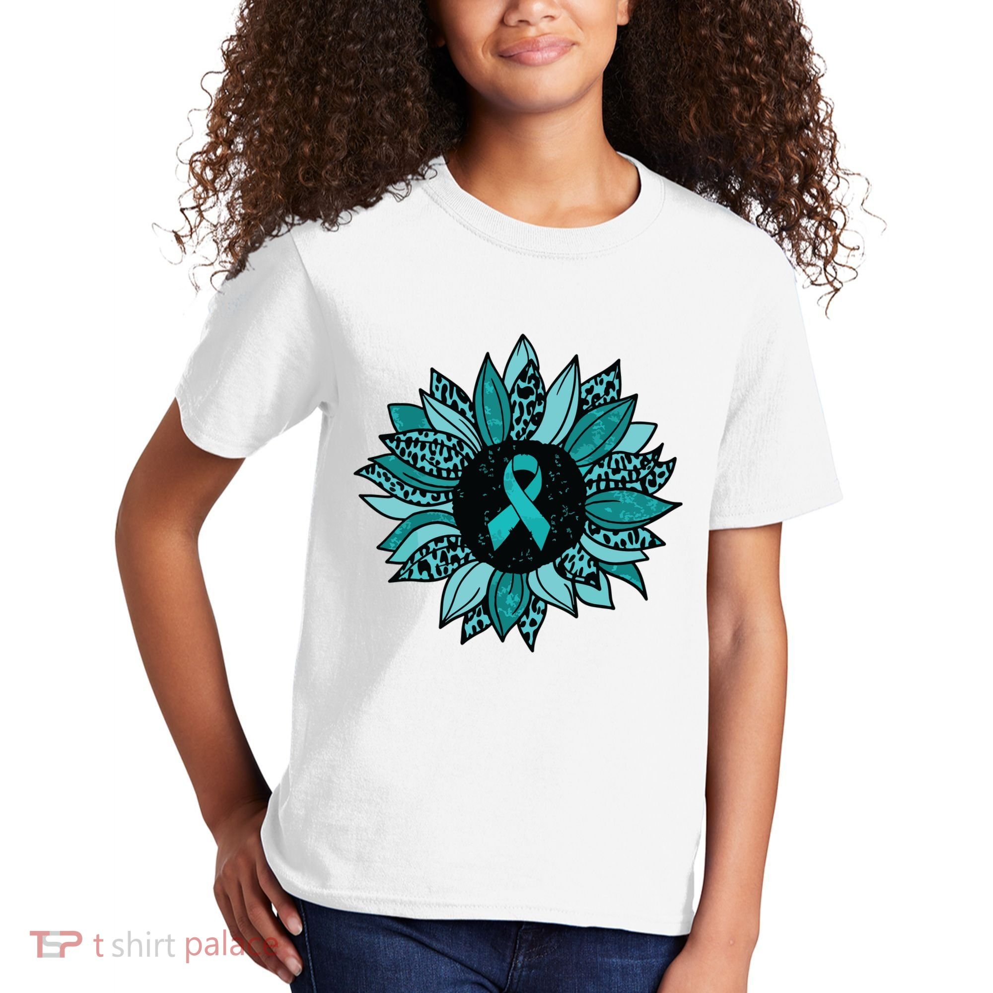 Ovarian Cancer Awareness Sunflower Teal Ribbon Leopard Kids T-Shirt