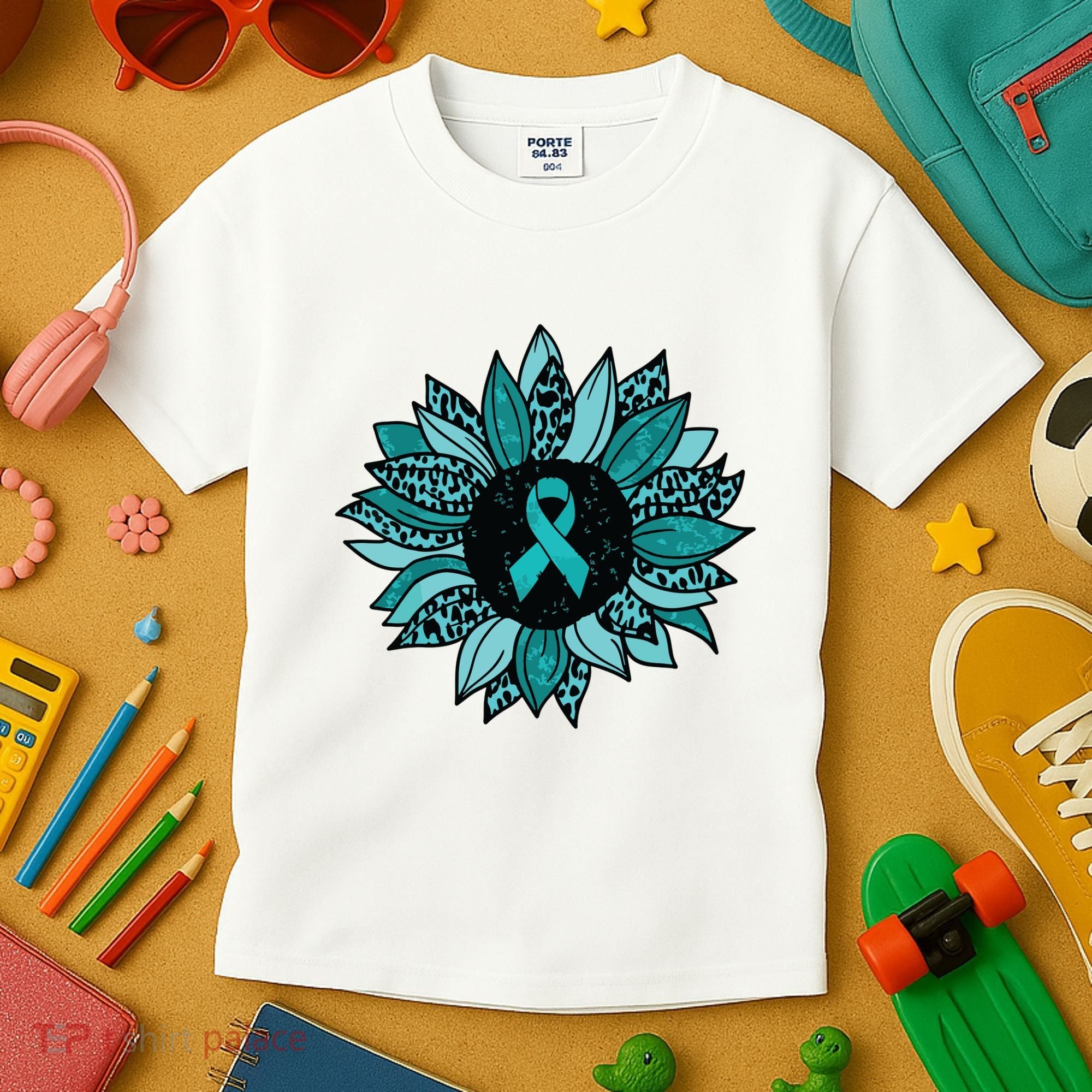 Ovarian Cancer Awareness Sunflower Teal Ribbon Leopard Kids T-Shirt