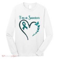 Ovarian Cancer Awareness  I’M A Survivor Teal Ribbon Long Sleeve Shirt thumb 0