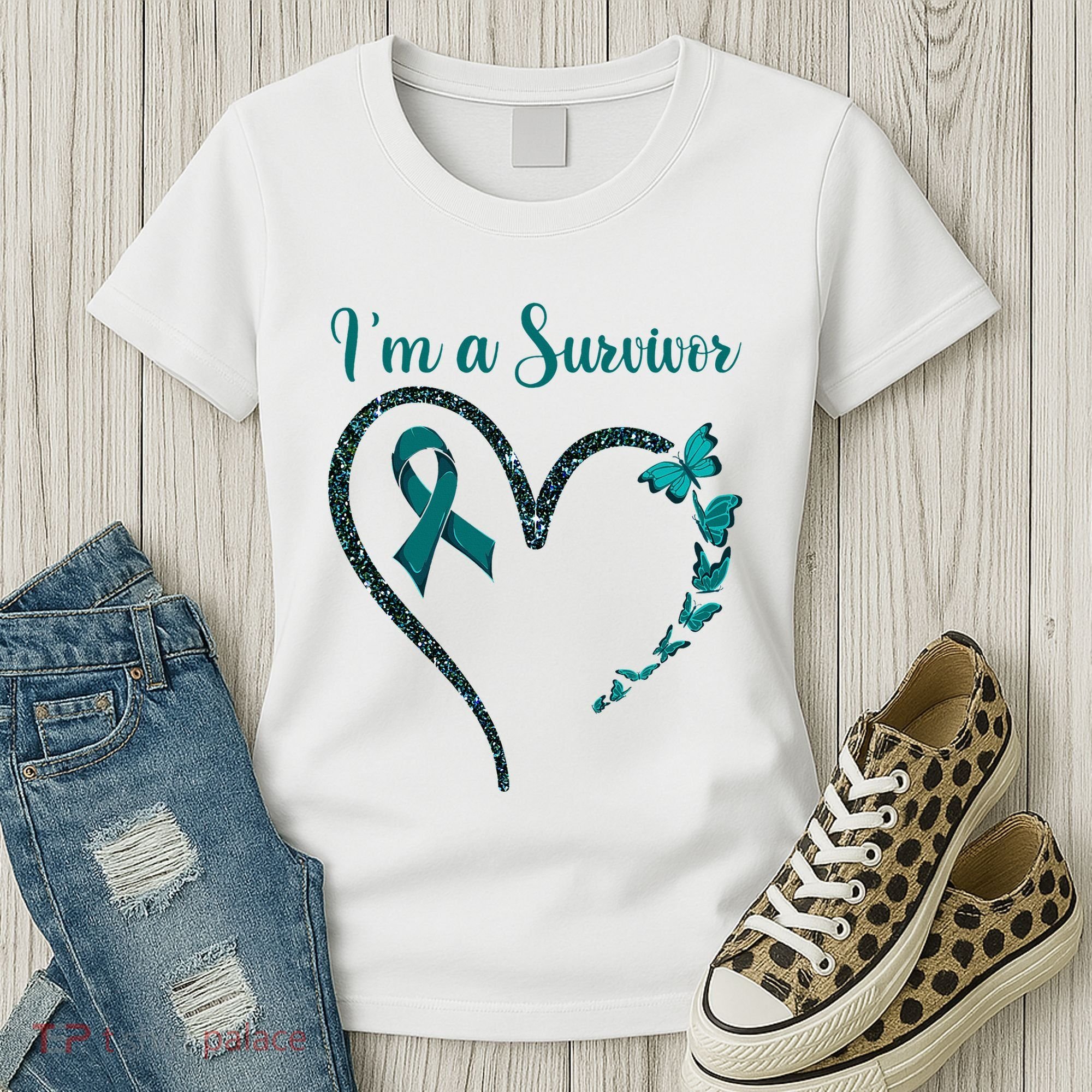 Ovarian Cancer Awareness  I’M A Survivor Teal Ribbon Women's T-Shirt