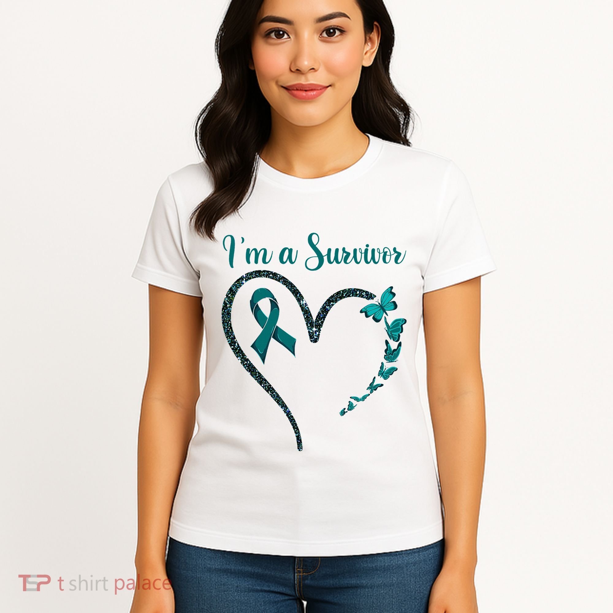 Ovarian Cancer Awareness  I’M A Survivor Teal Ribbon Women's T-Shirt