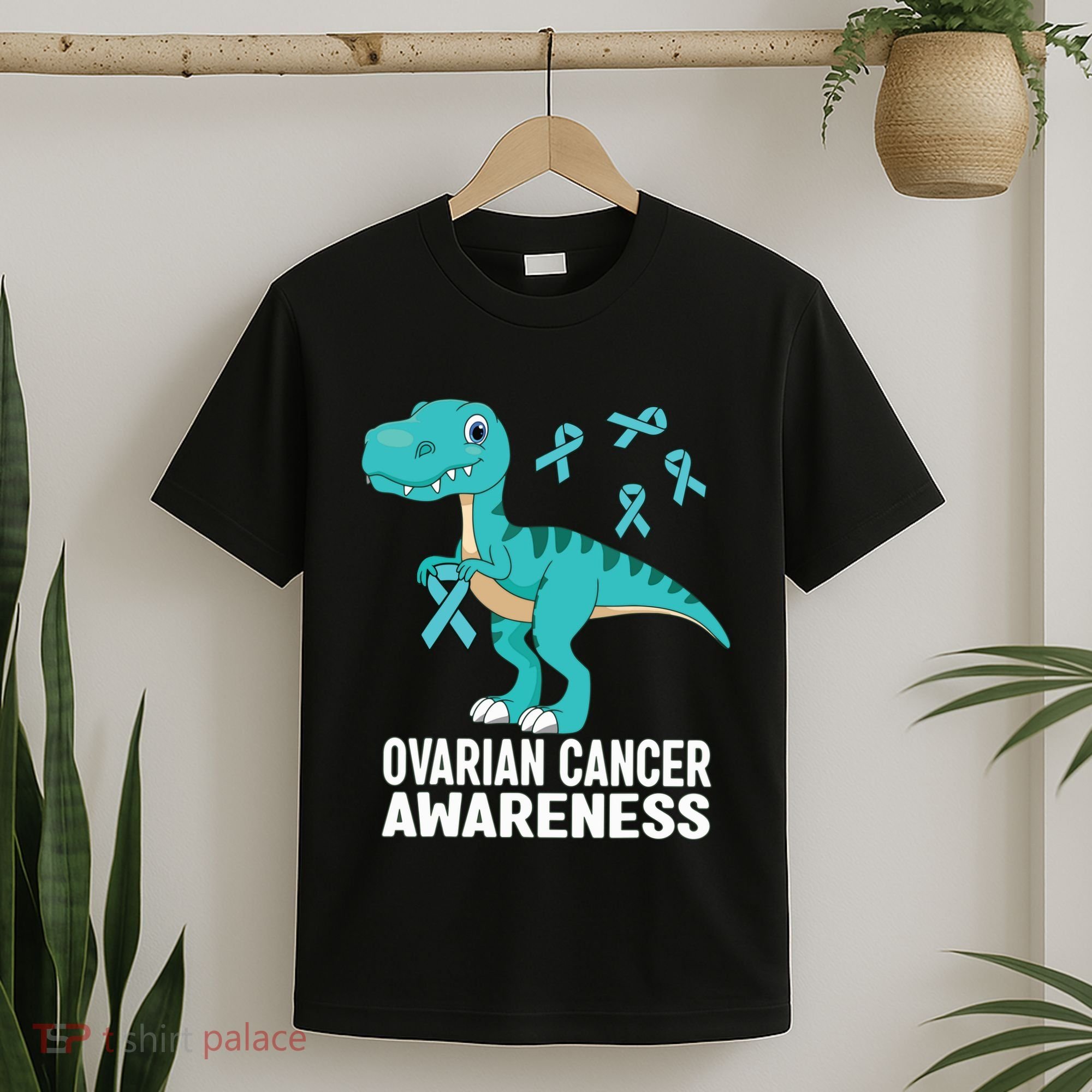 Ovarian Cancer Awareness Teal Ribbon Dinosaur Women T-Shirt