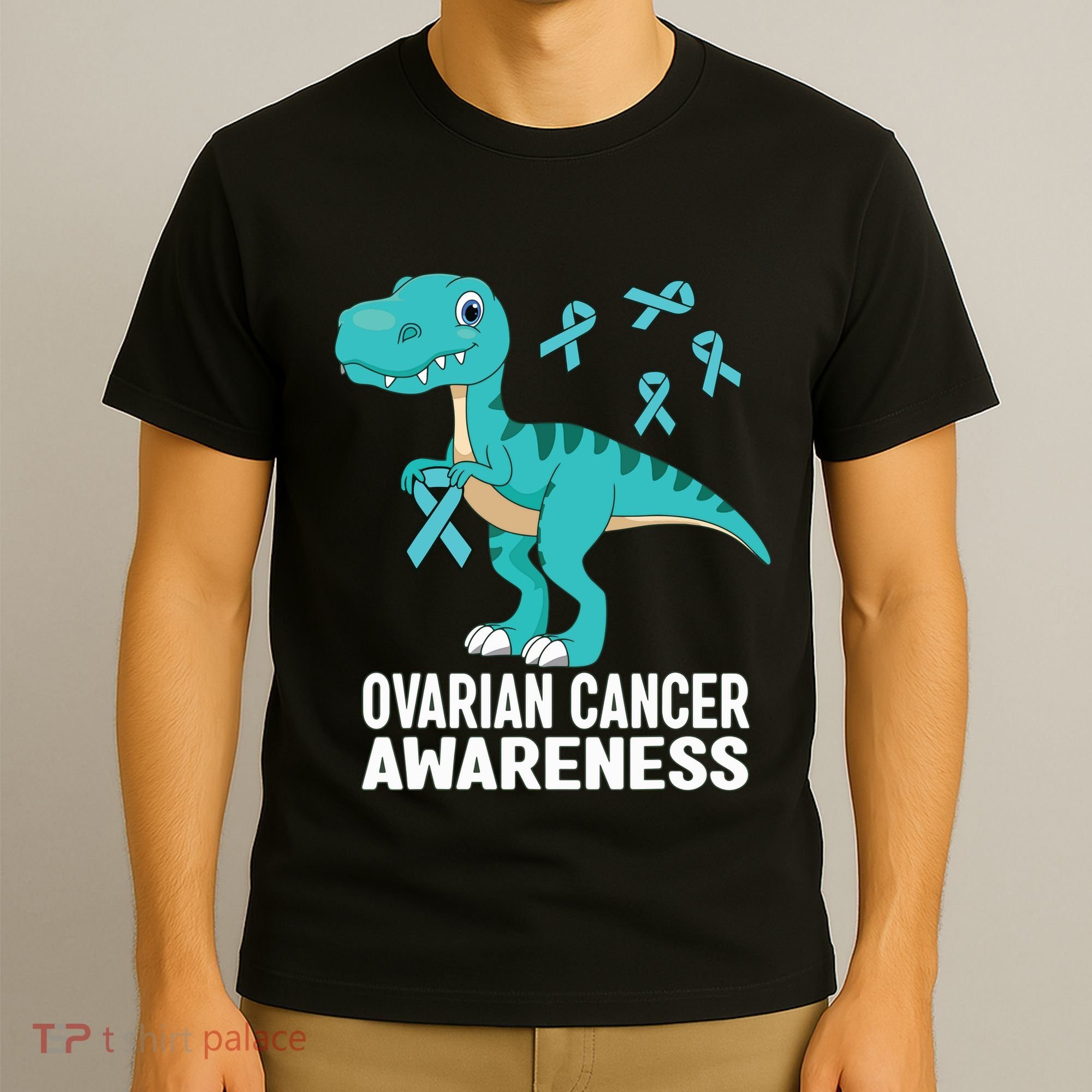 Ovarian Cancer Awareness Teal Ribbon Dinosaur Women T-Shirt
