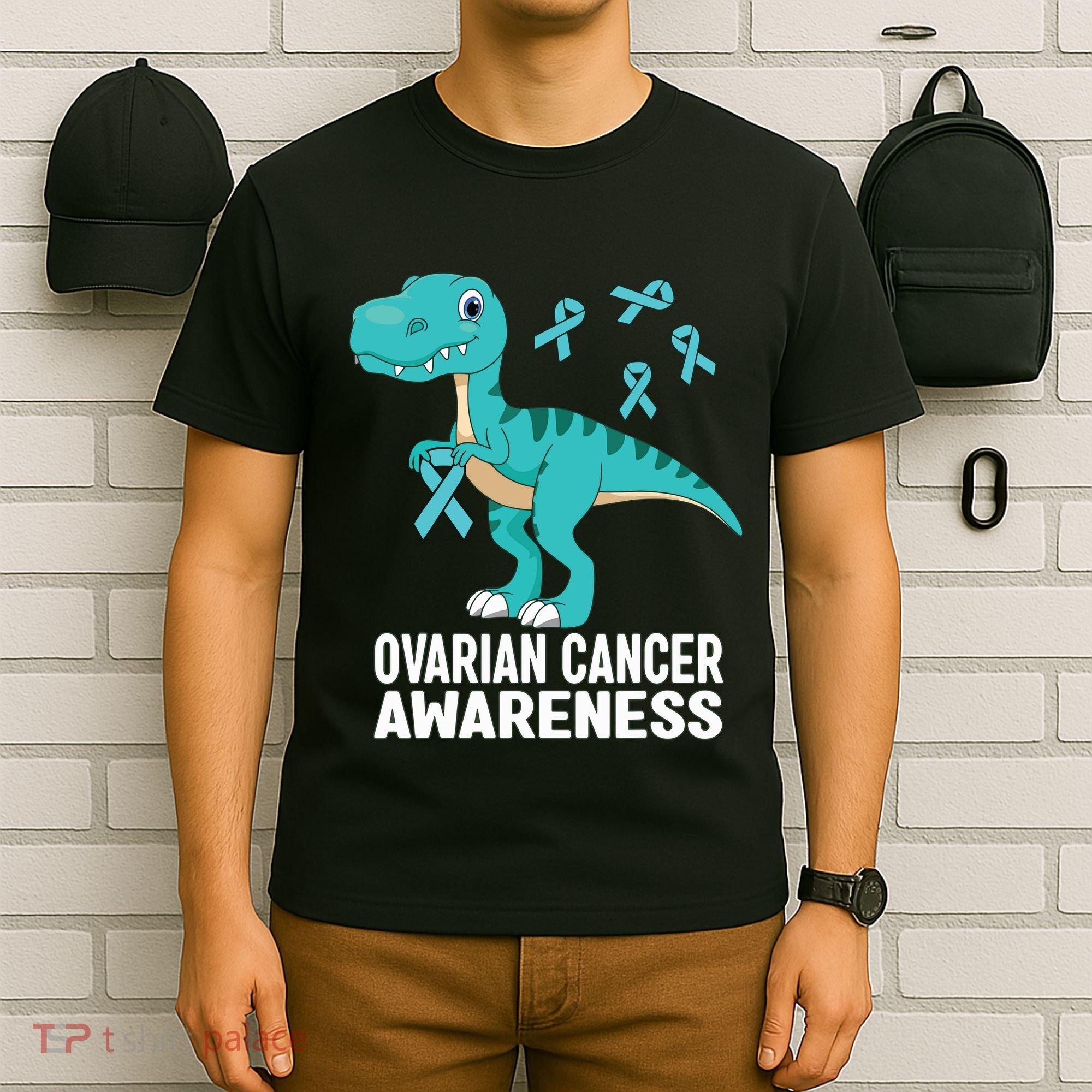 Ovarian Cancer Awareness Teal Ribbon Dinosaur Women T-Shirt