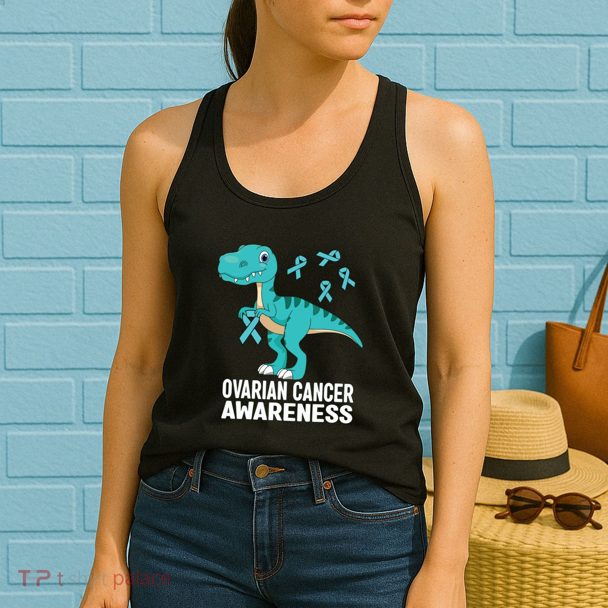 Ovarian Cancer Awareness Teal Ribbon Dinosaur Women Women's Tank Top