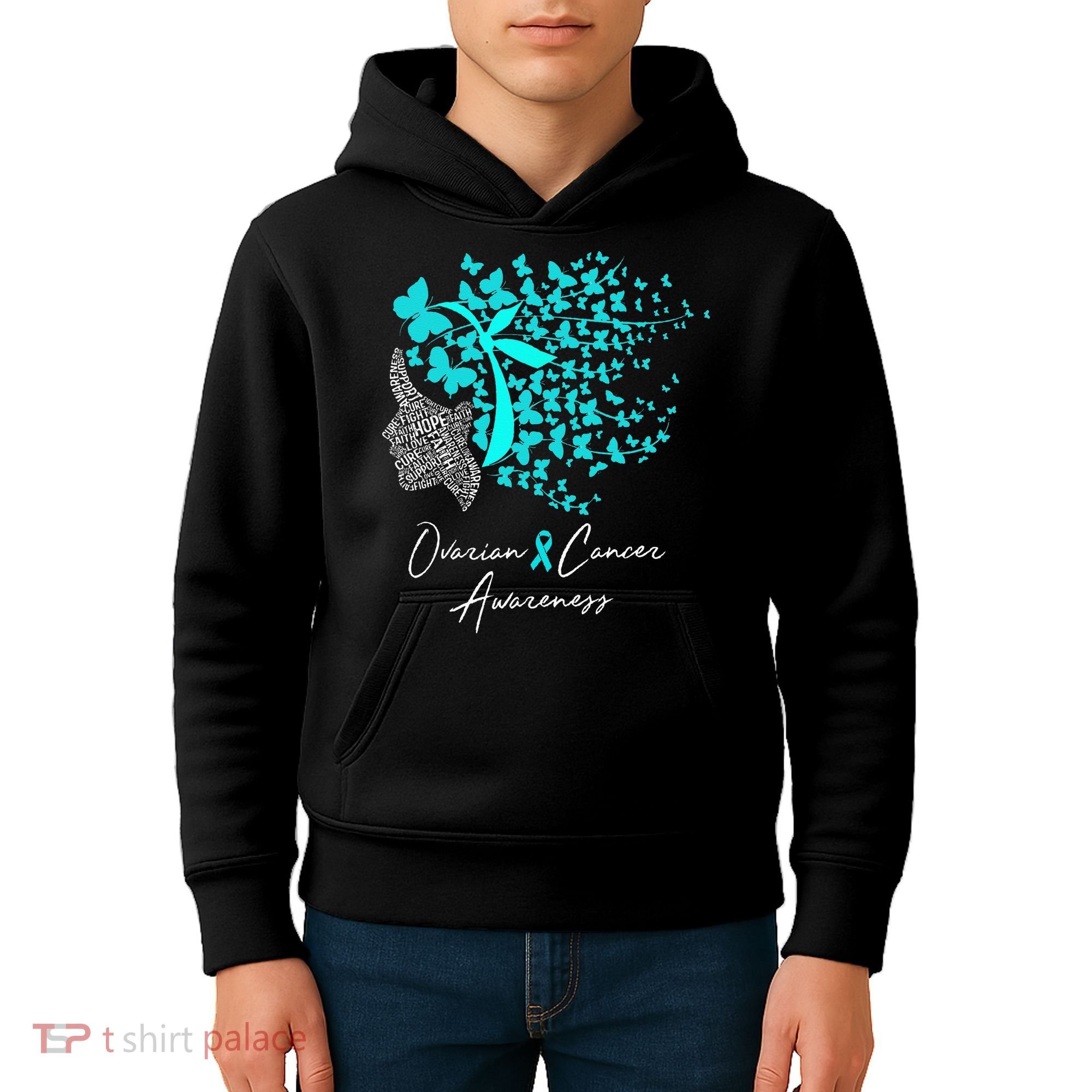 Ovarian Cancer Awareness Teal Butterflies Kids Hoodie