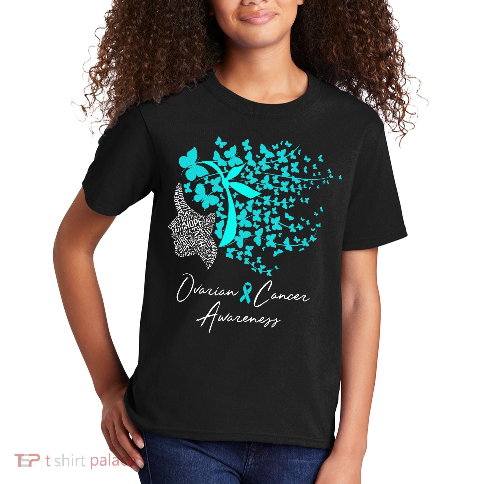 Ovarian Cancer Awareness Teal Butterflies Kids T-Shirt