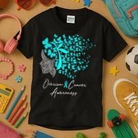 Ovarian Cancer Awareness Teal Butterflies Kids T-Shirt thumb 3