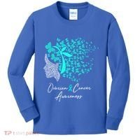 Ovarian Cancer Awareness Teal Butterflies Gift Kids Long Sleeve Shirt thumb 0