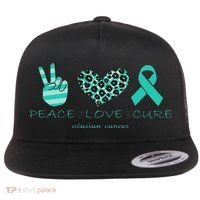 Ovarian Cancer Awareness Peace Love Cure Ovarian Cancer Awar Flat Bill Trucker Hat thumb 0
