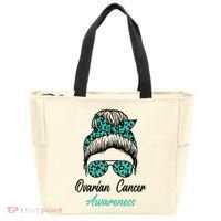 Ovarian Cancer Awareness Messy Bun Support Women Tote Bag thumb 0