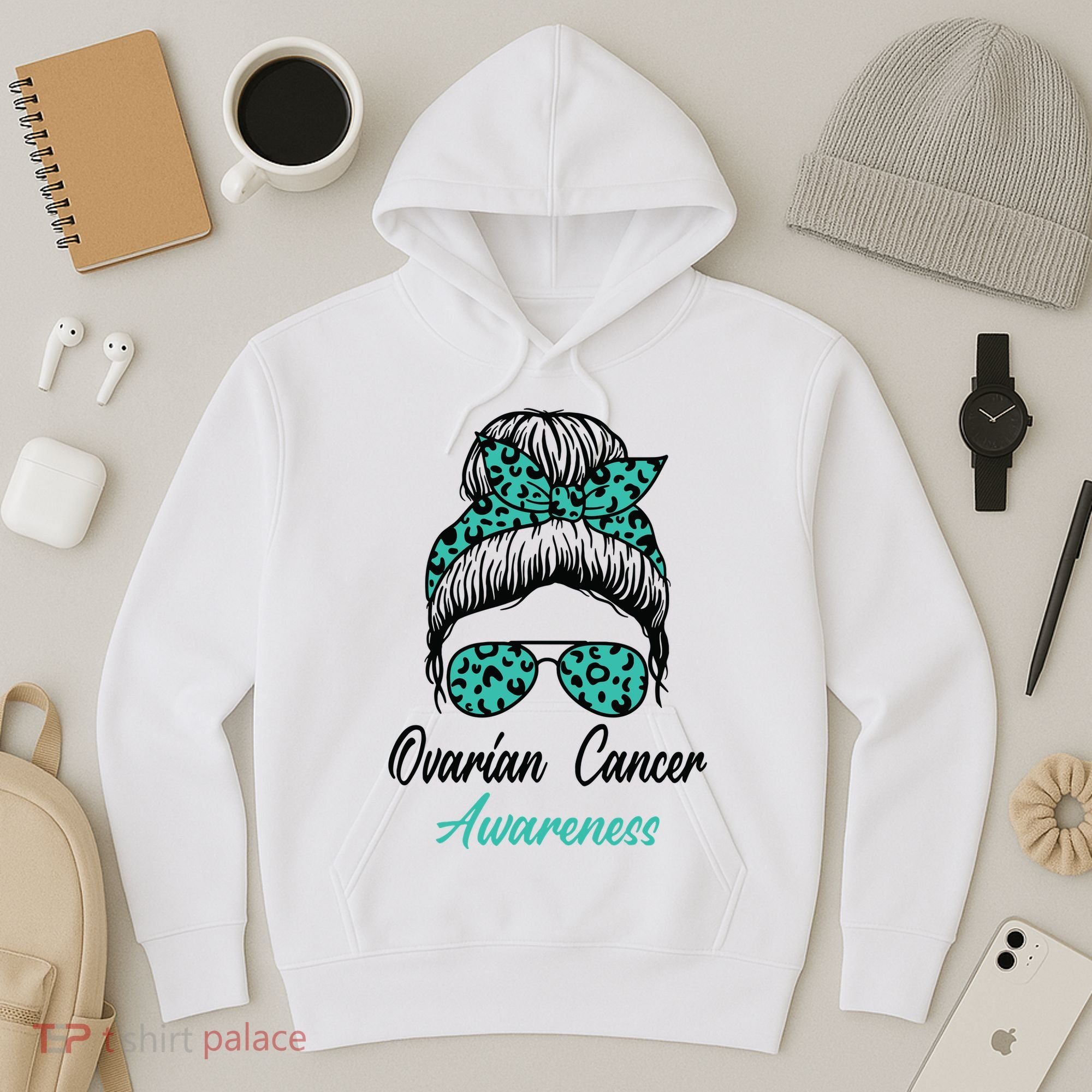 Ovarian Cancer Awareness Messy Bun Support Women Hoodie