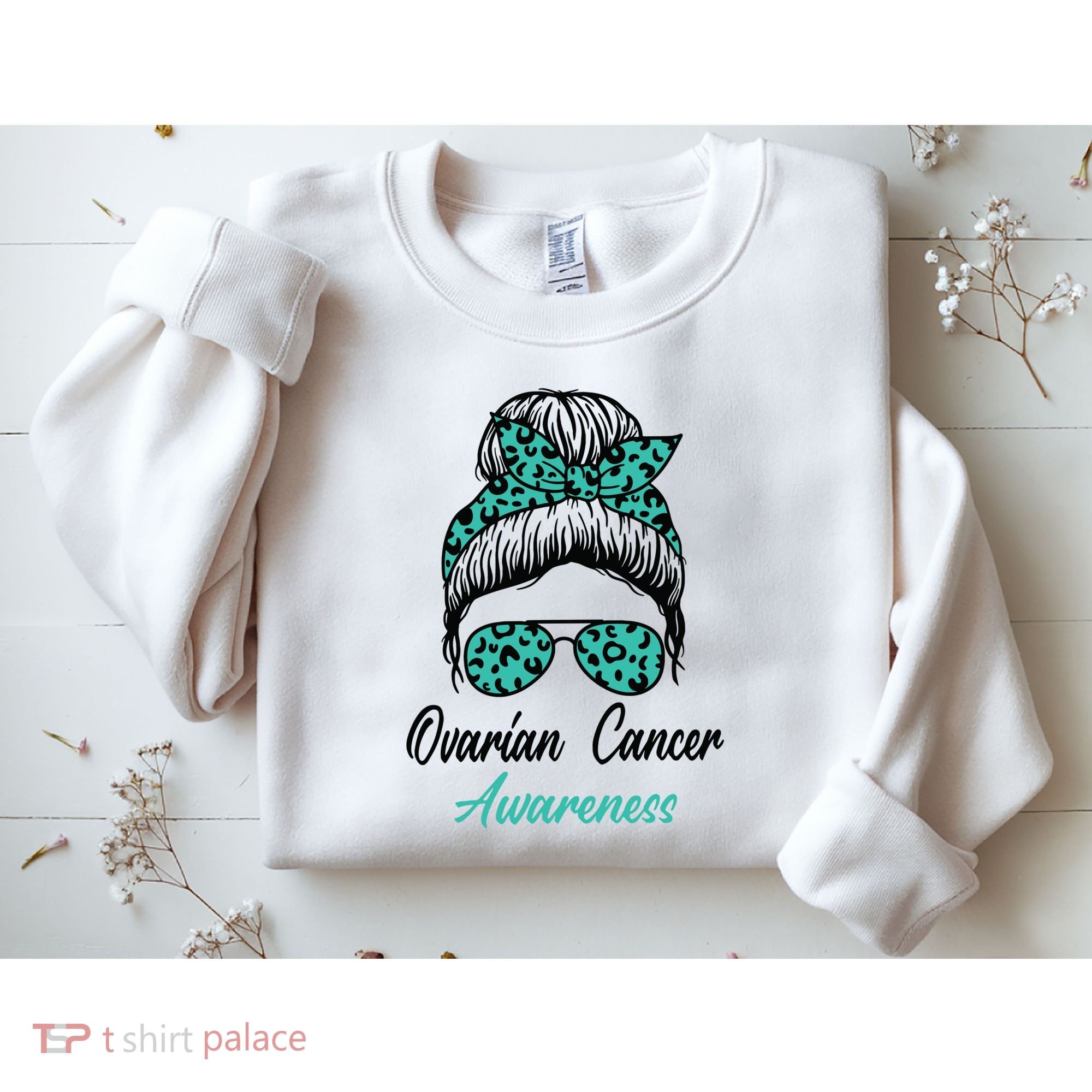 Ovarian Cancer Awareness Messy Bun Support Women Sweatshirt