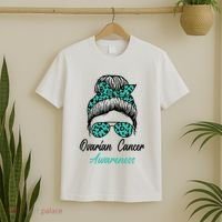 Ovarian Cancer Awareness Messy Bun Support Women T-Shirt thumb 2