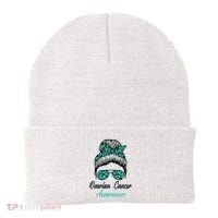 Ovarian Cancer Awareness Messy Bun Support Women Beanie thumb 0