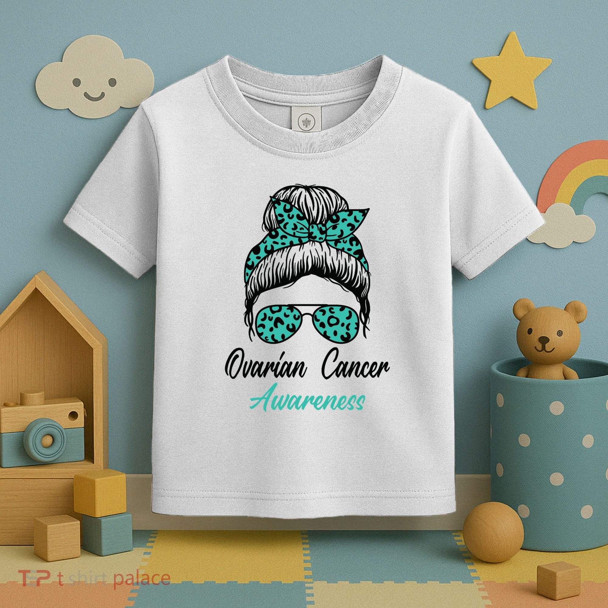 Ovarian Cancer Awareness Messy Bun Support Women Toddler T-Shirt