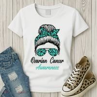 Ovarian Cancer Awareness Messy Bun Support Women Women's T-Shirt thumb 3