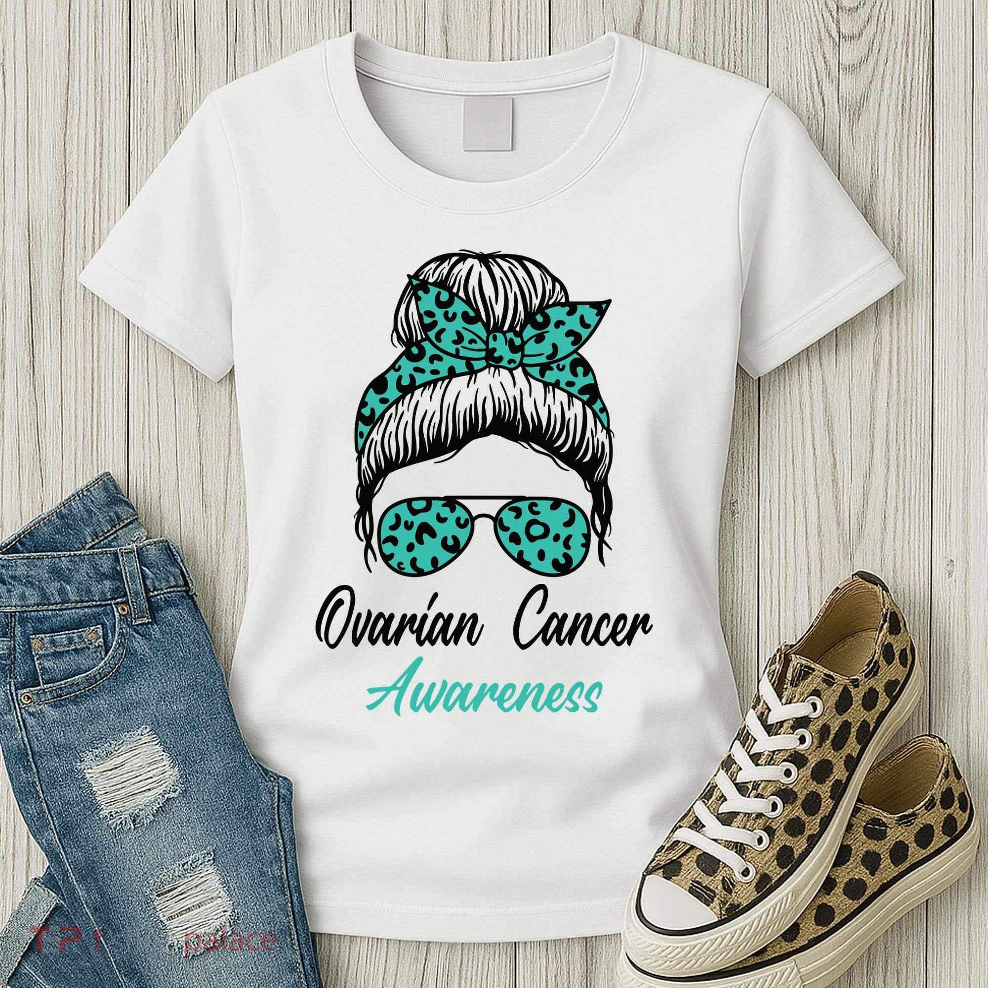 Ovarian Cancer Awareness Messy Bun Support Women Women's T-Shirt
