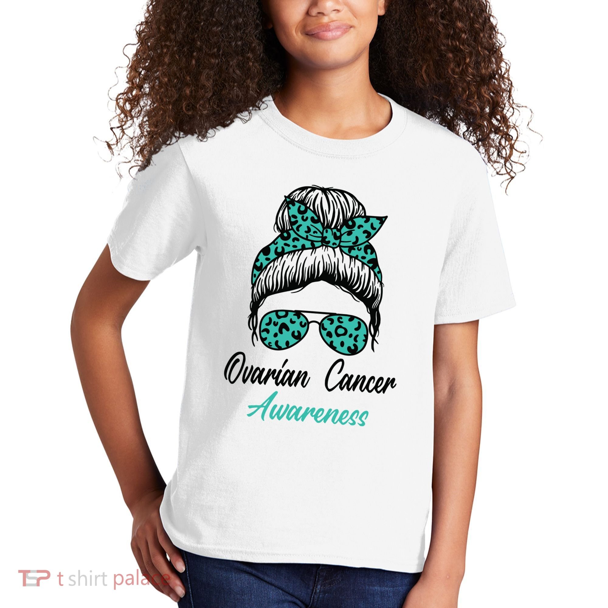 Ovarian Cancer Awareness Messy Bun Support Women Kids T-Shirt