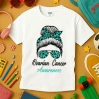 Ovarian Cancer Awareness Messy Bun Support Women Kids T-Shirt thumb 3