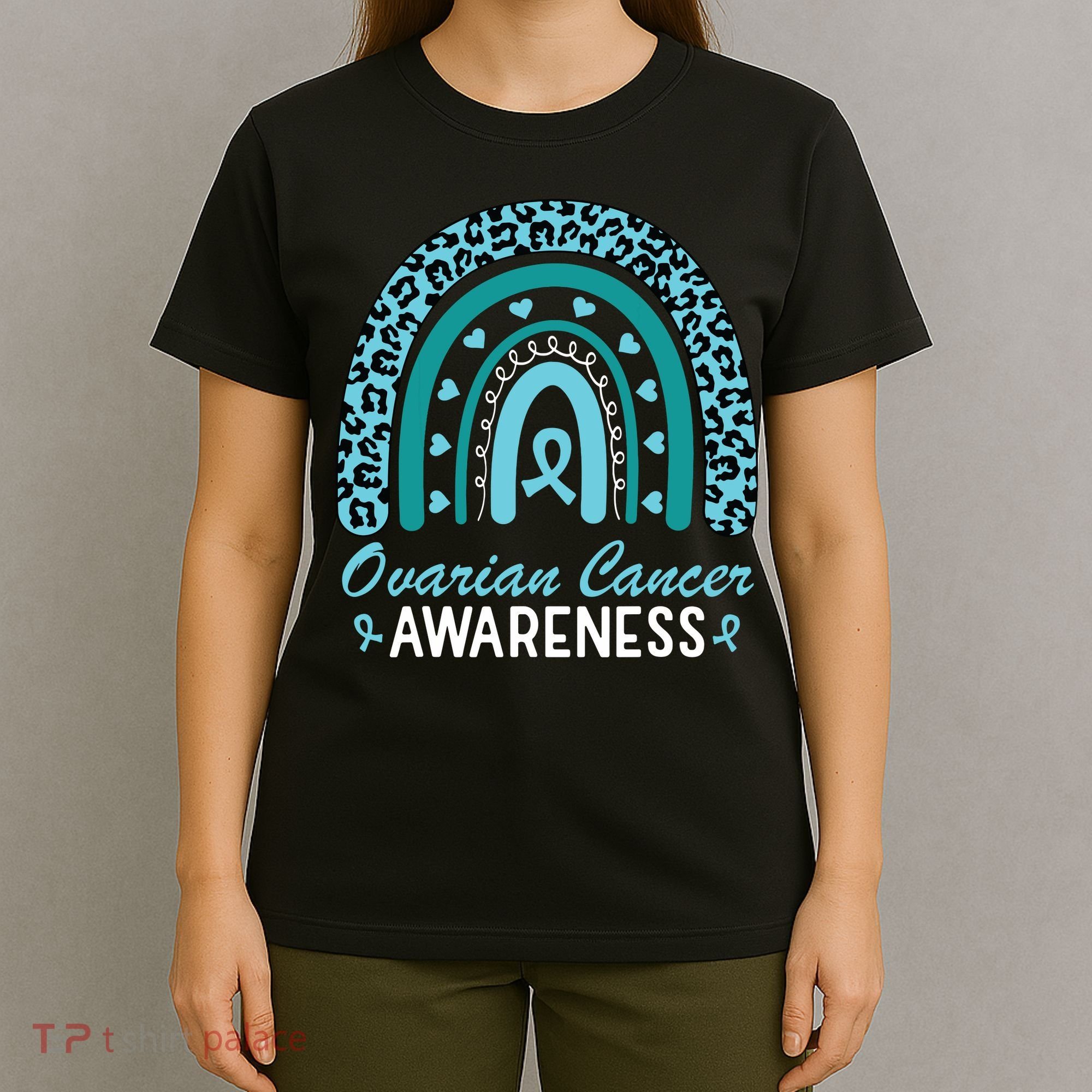 Ovarian Cancer Awareness Month Teal Rainbow Ribbon T-Shirt