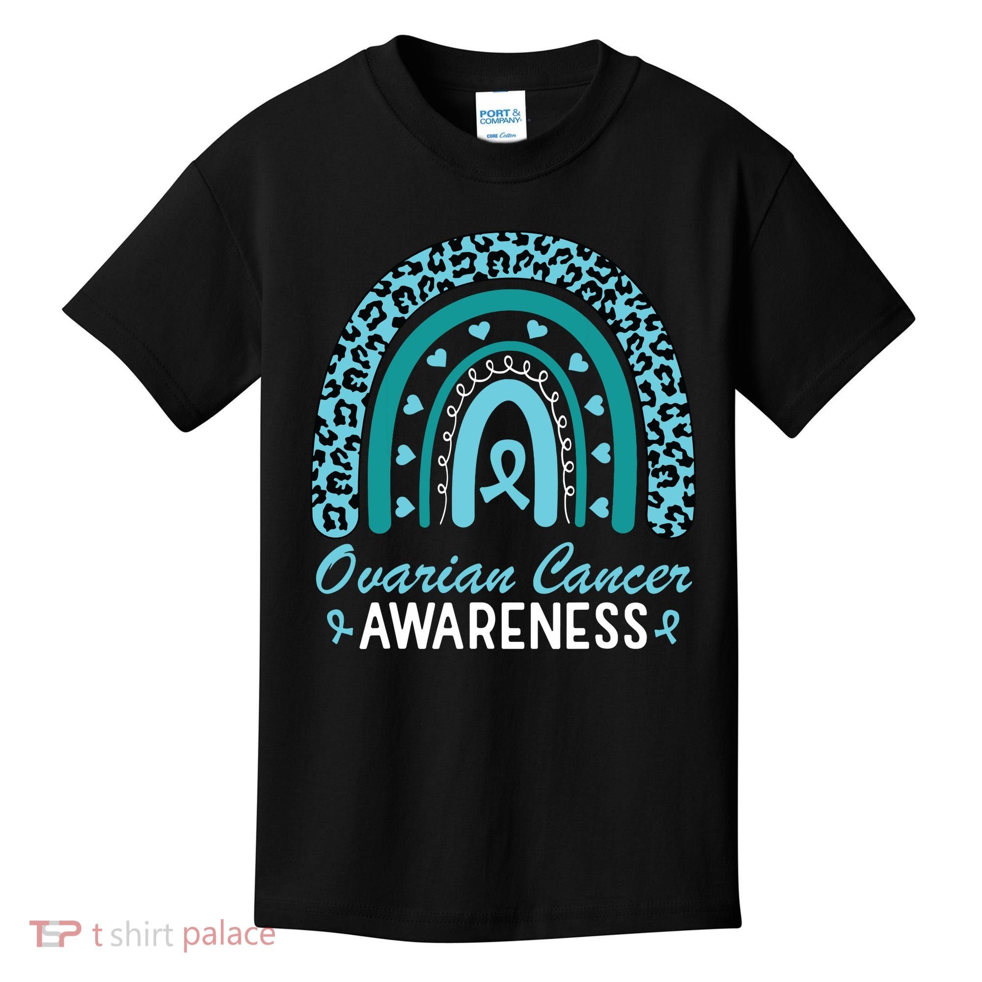 Ovarian Cancer Awareness Month Teal Rainbow Ribbon Kids T-Shirt