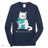 Ovarian Cancer Awareness Month Teal Ribbon Cat Long Sleeve Shirt thumb 0
