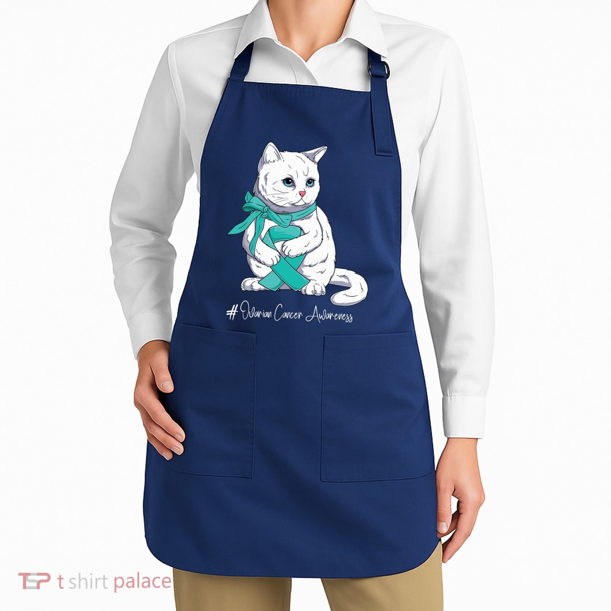 Ovarian Cancer Awareness Month Teal Ribbon Cat Apron