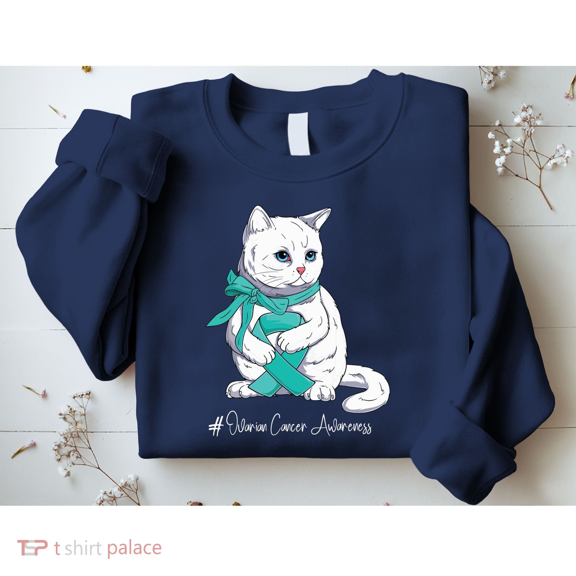 Ovarian Cancer Awareness Month Teal Ribbon Cat Sweatshirt