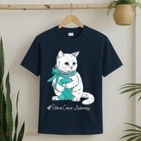 Ovarian Cancer Awareness Month Teal Ribbon Cat T-Shirt thumb 2