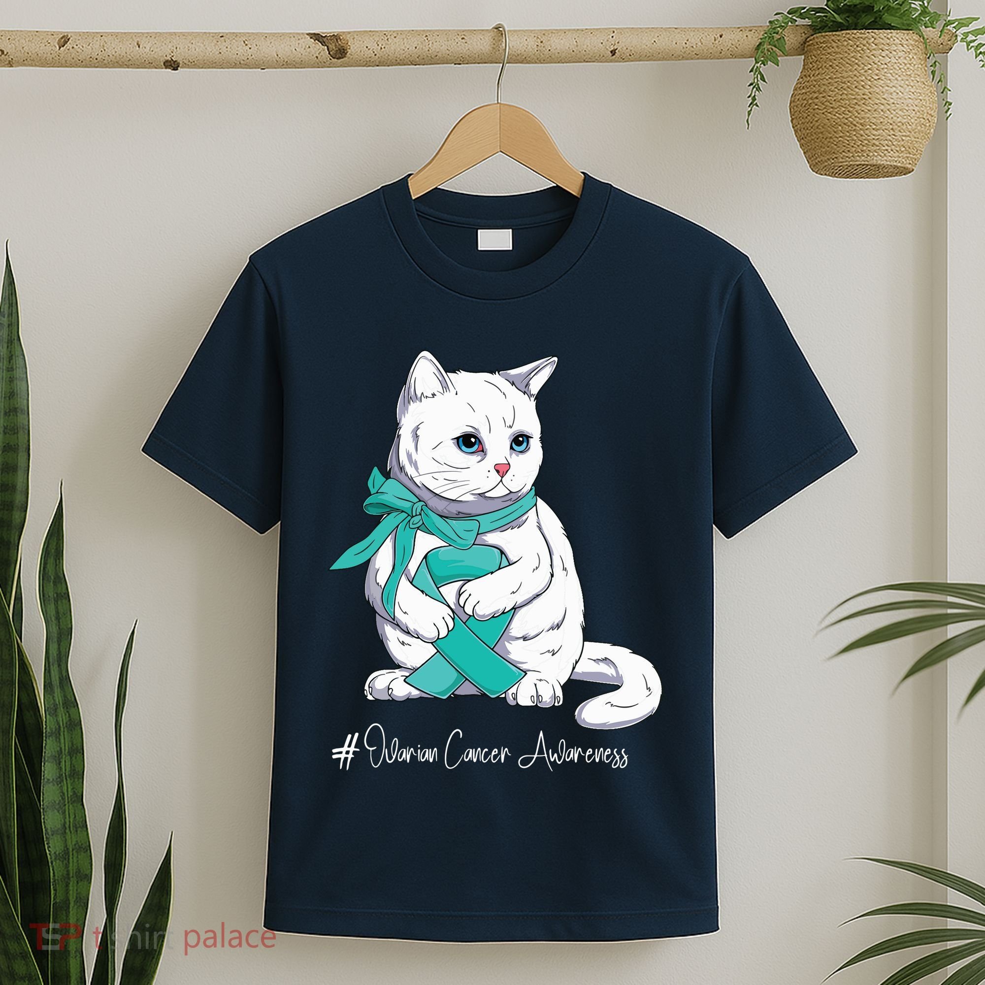 Ovarian Cancer Awareness Month Teal Ribbon Cat T-Shirt
