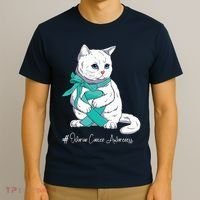 Ovarian Cancer Awareness Month Teal Ribbon Cat T-Shirt thumb 3