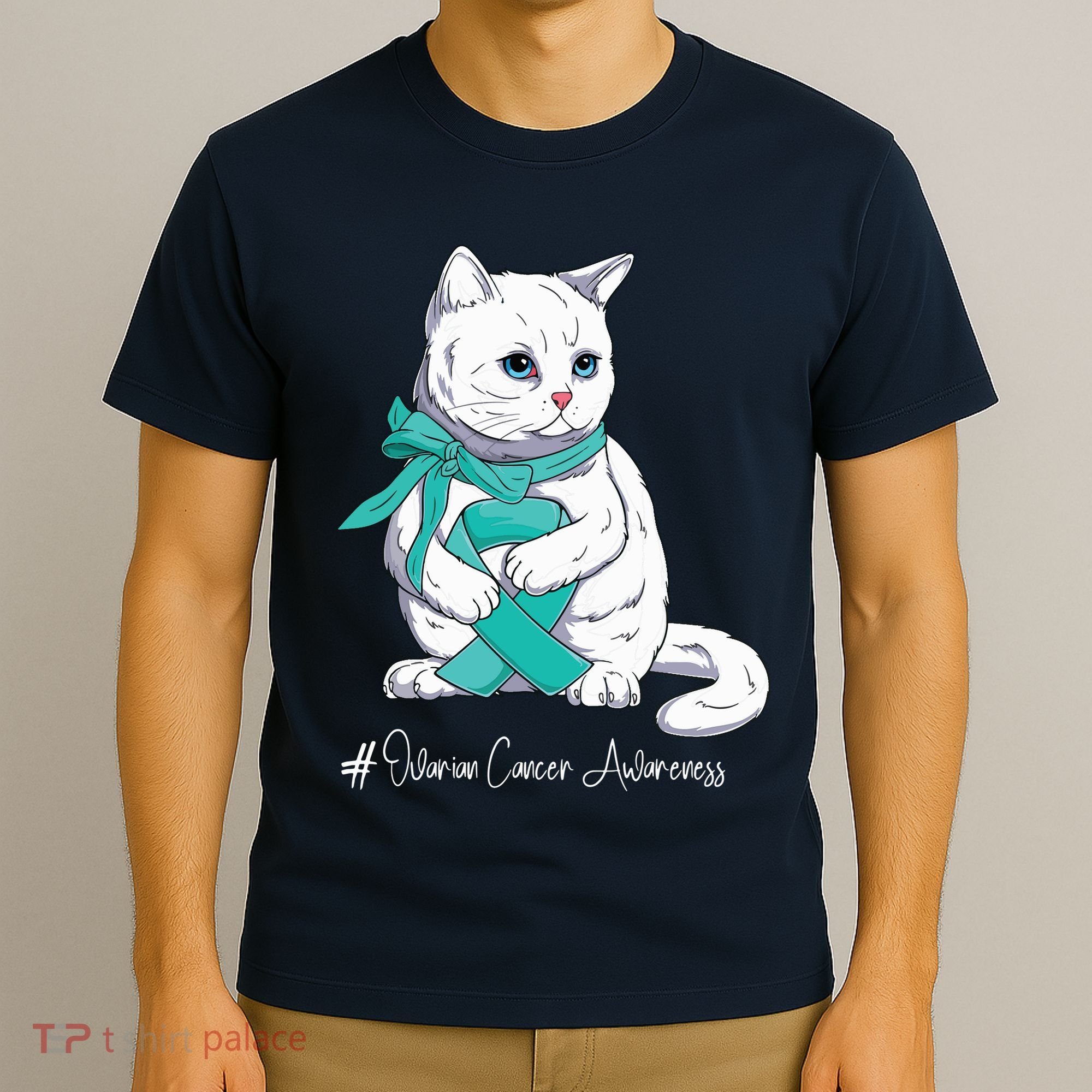 Ovarian Cancer Awareness Month Teal Ribbon Cat T-Shirt