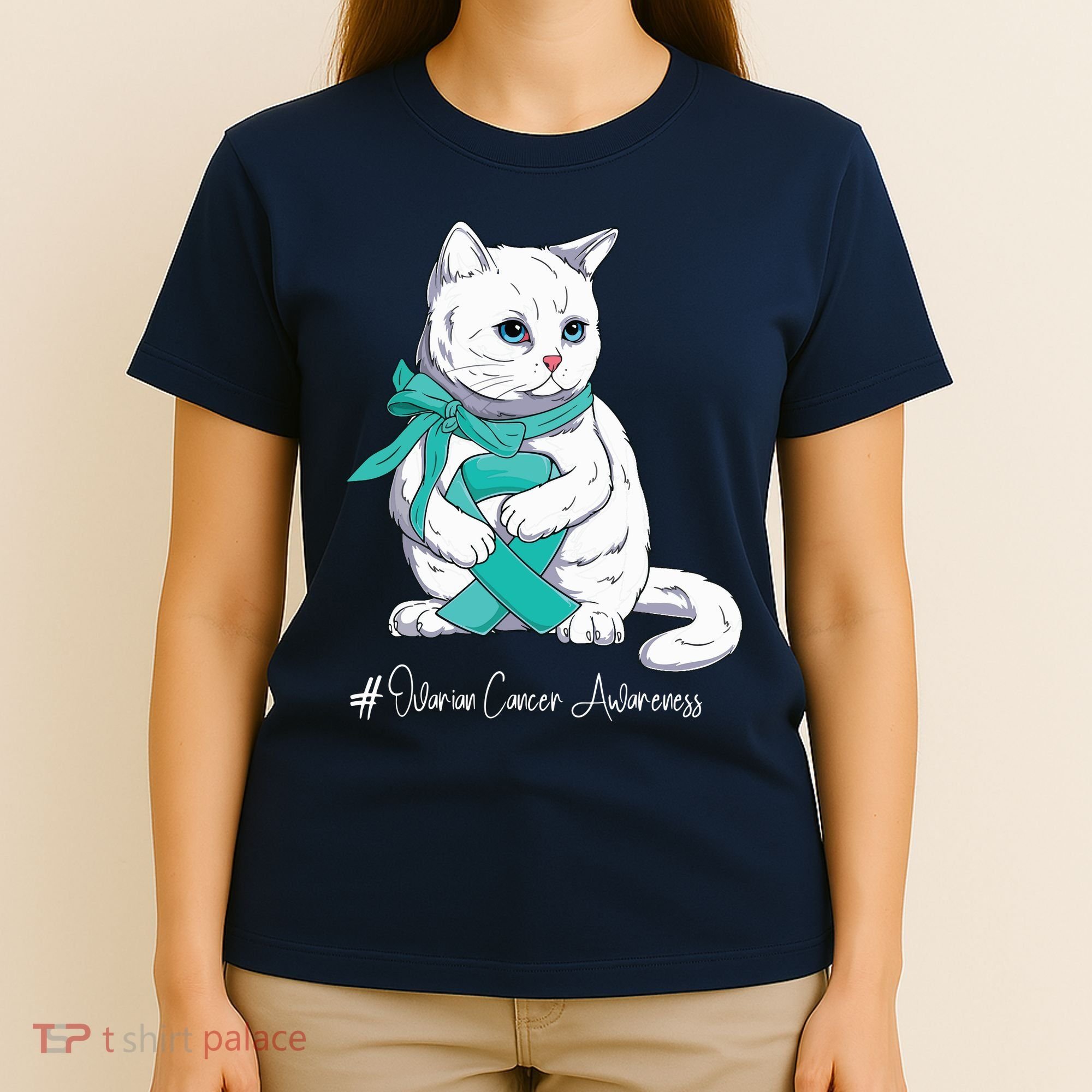 Ovarian Cancer Awareness Month Teal Ribbon Cat T-Shirt