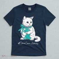 Ovarian Cancer Awareness Month Teal Ribbon Cat T-Shirt thumb 5