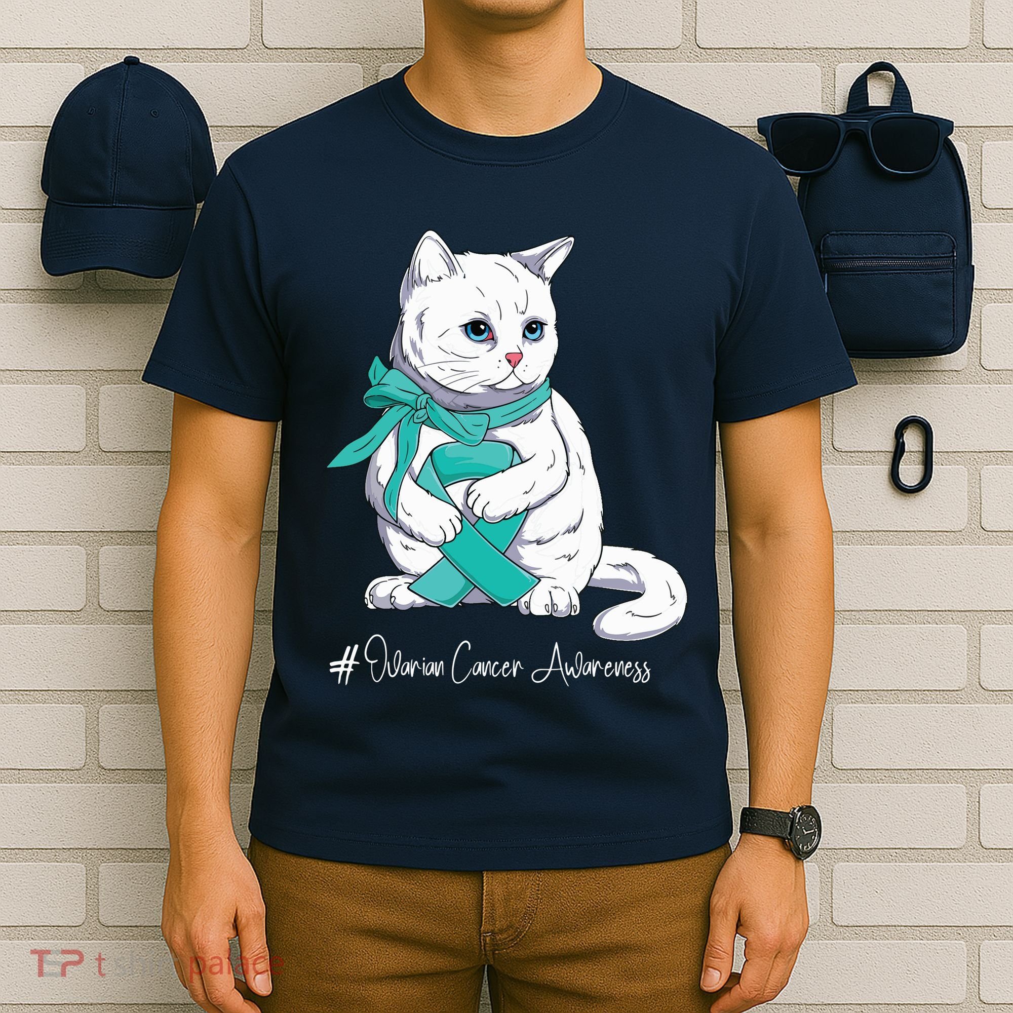 Ovarian Cancer Awareness Month Teal Ribbon Cat T-Shirt