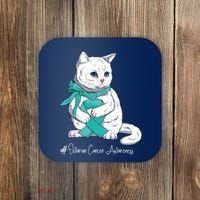 Ovarian Cancer Awareness Month Teal Ribbon Cat Coaster thumb 0