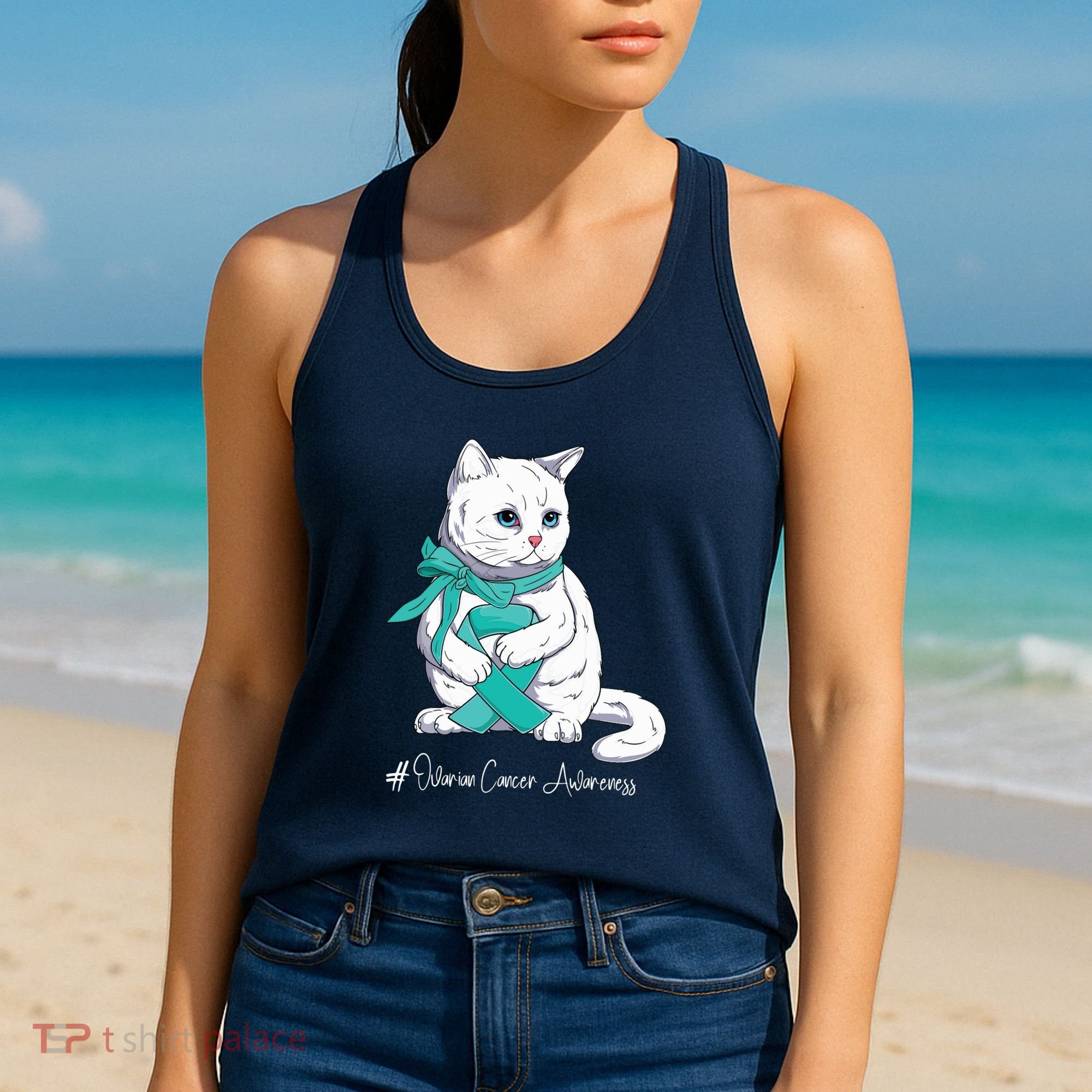 Ovarian Cancer Awareness Month Teal Ribbon Cat Women's Tank Top