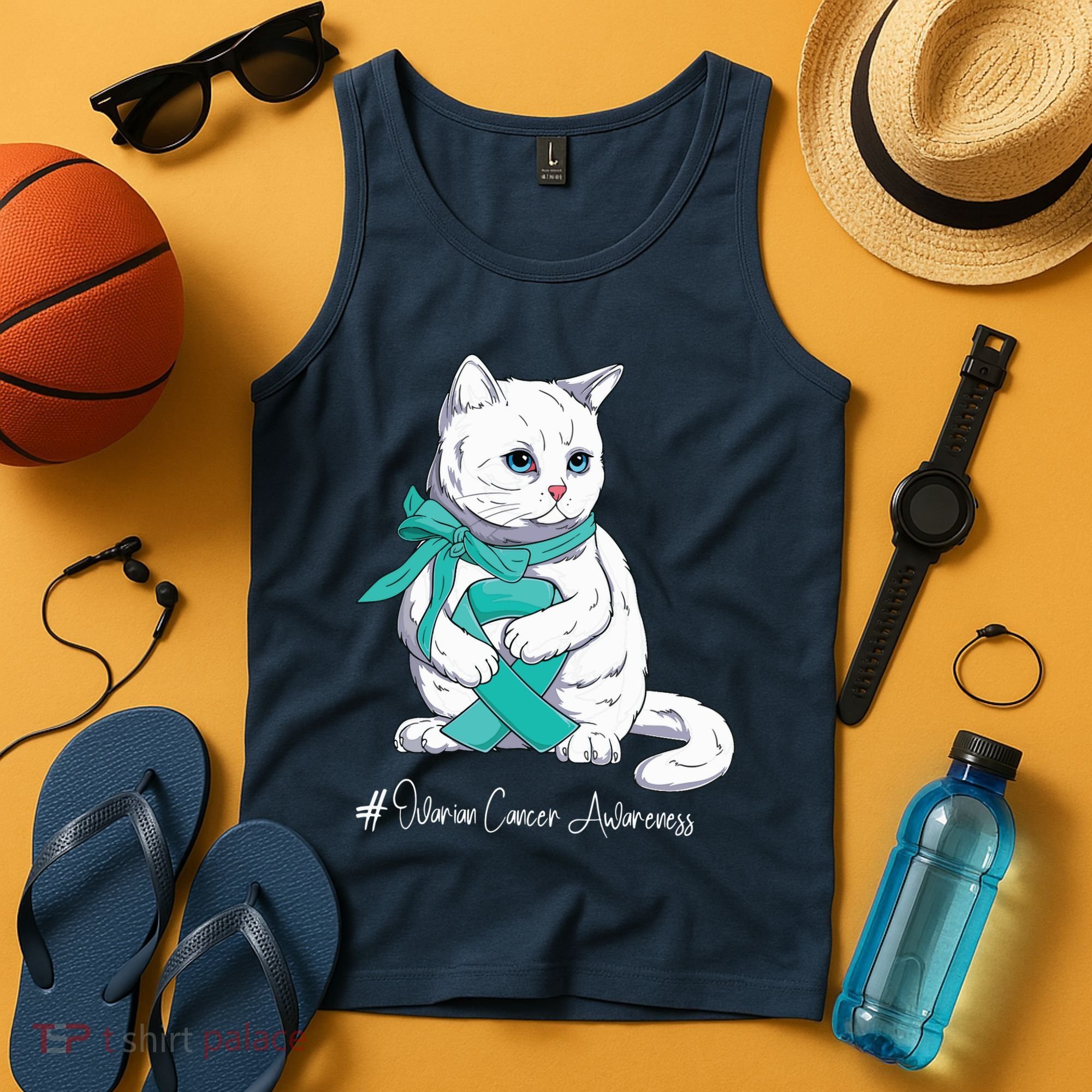 Ovarian Cancer Awareness Month Teal Ribbon Cat Tank Top