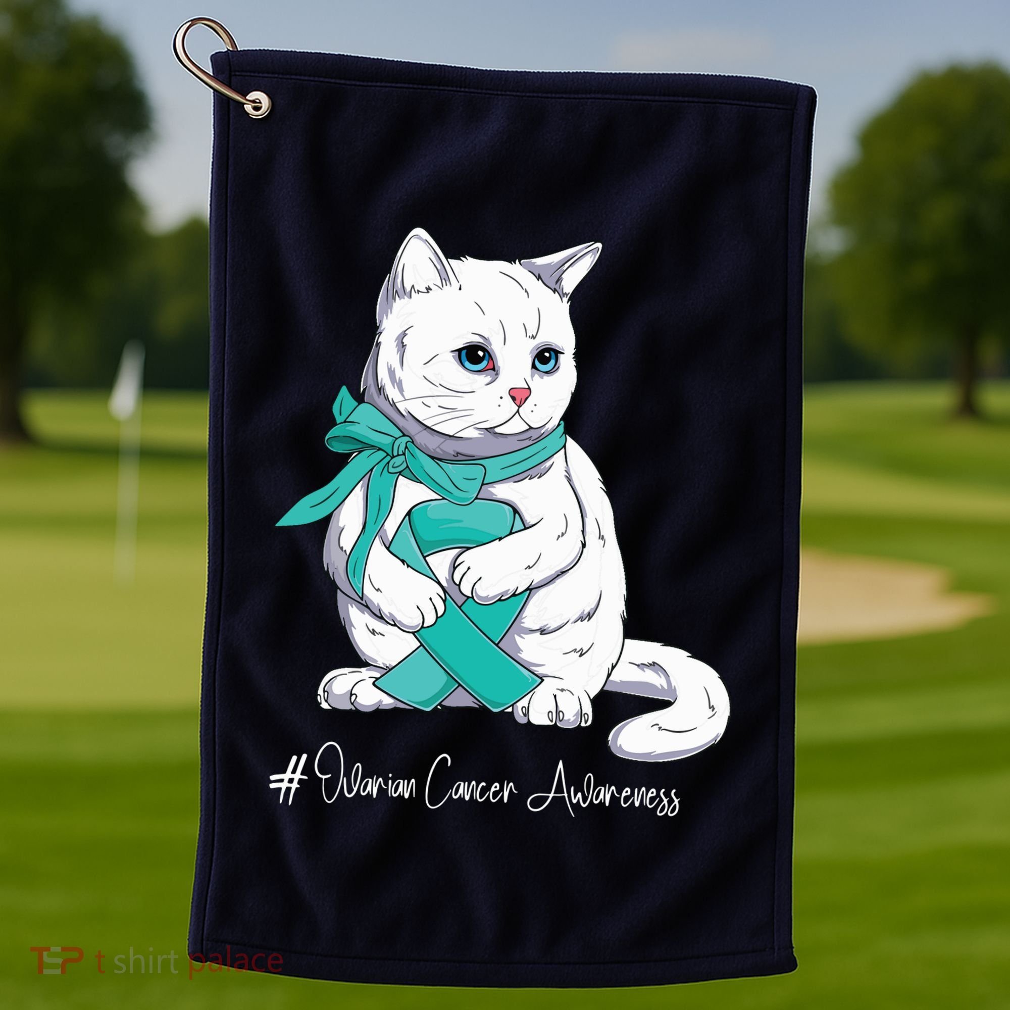 Ovarian Cancer Awareness Month Teal Ribbon Cat Golf Towel