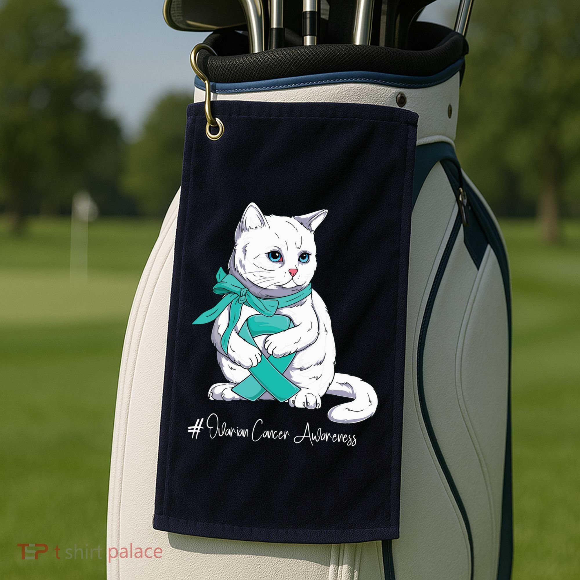 Ovarian Cancer Awareness Month Teal Ribbon Cat Golf Towel